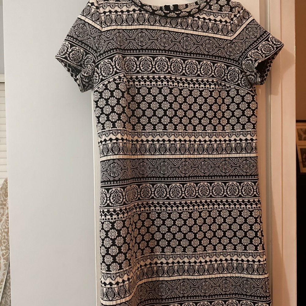 LOFT Black and White Sheath Dress with Flutter Sleeves and Peter Pan Collar